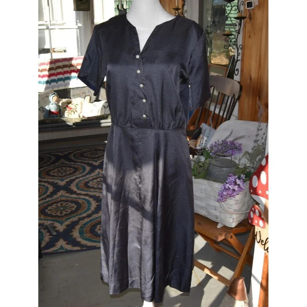 Vintage Handmade 1960s Shirt Dress A-Line Skirt Assymetrical Snap Blue Medium